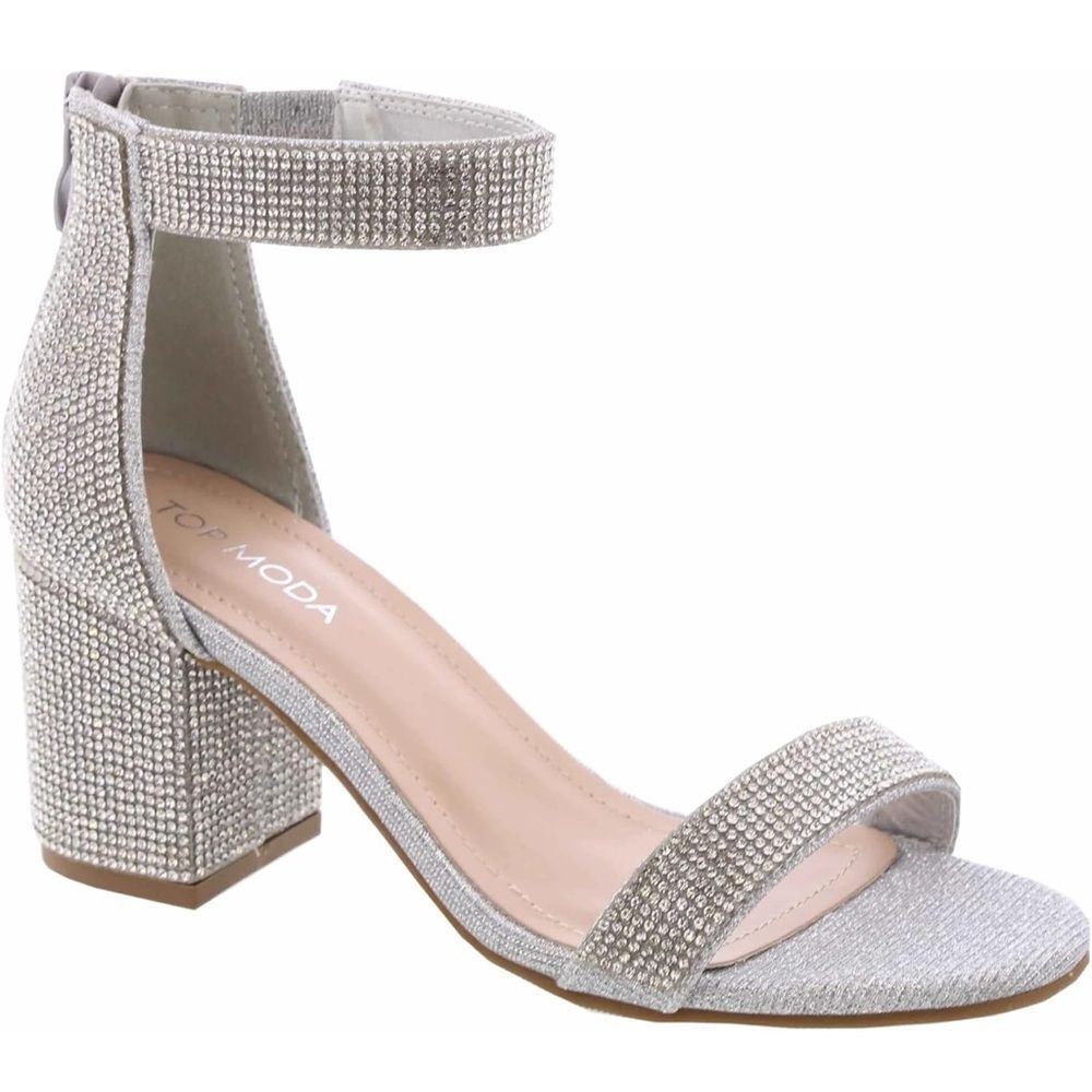 TOP Moda Silver Delia-80 Ankle Strap Rhinestone High Heel Sandal